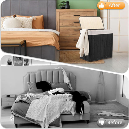 Aliphon 72L Slim Laundry Hamper with Lid, Foldable Bamboo Clothes Laundry Basket with Handles, Removable and Machine Washable Liner, for Bedroom, Bathroom, Dorm, Brown
