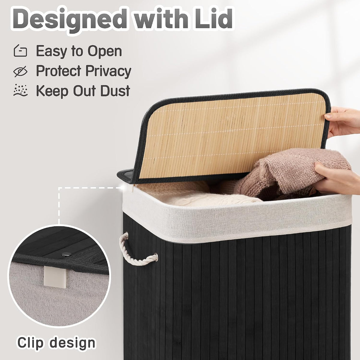 Aliphon 72L Slim Laundry Hamper with Lid, Foldable Bamboo Clothes Laundry Basket with Handles, Removable and Machine Washable Liner, for Bedroom, Bathroom, Dorm, Brown