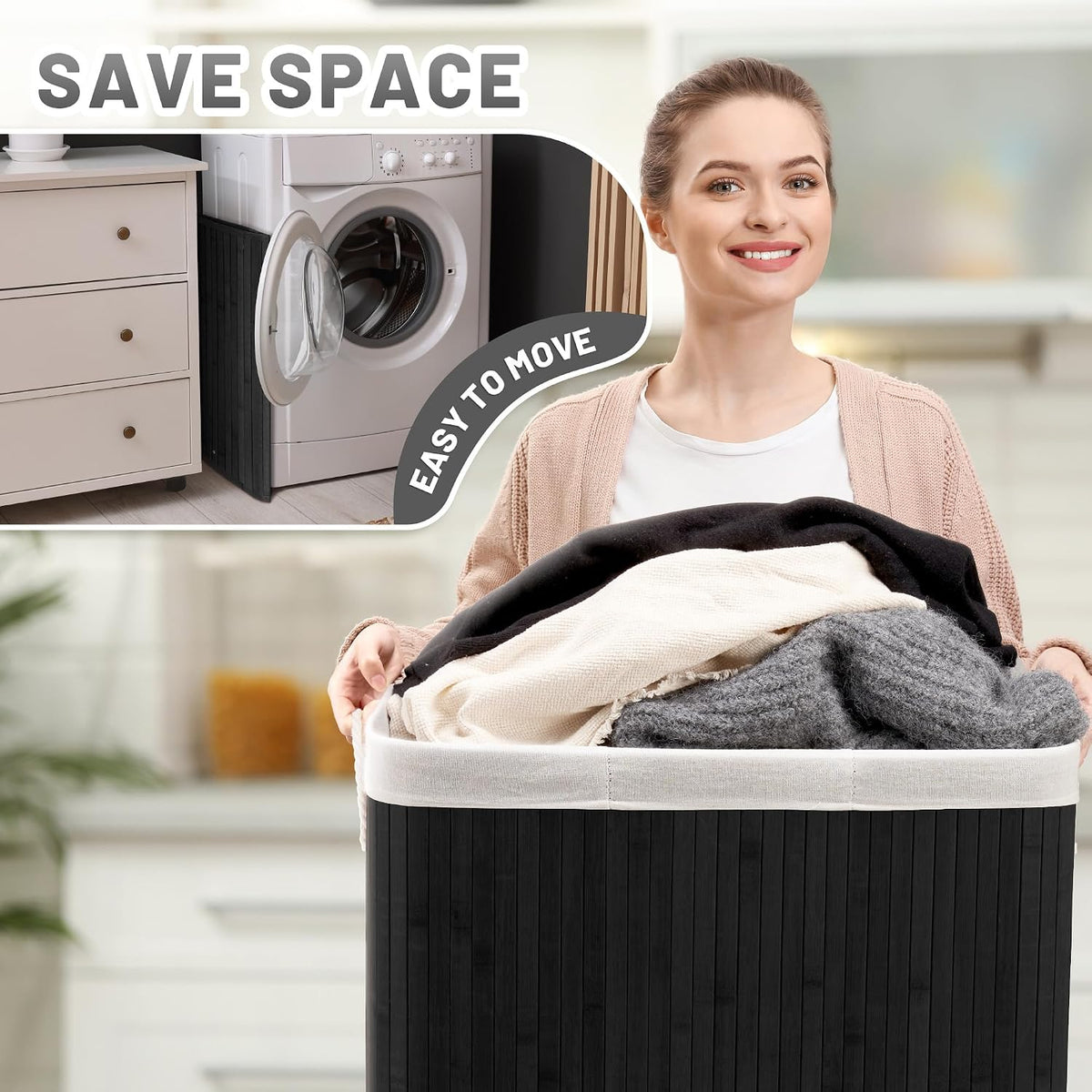 Aliphon 72L Slim Laundry Hamper with Lid, Foldable Bamboo Clothes Laundry Basket with Handles, Removable and Machine Washable Liner, for Bedroom, Bathroom, Dorm, Brown
