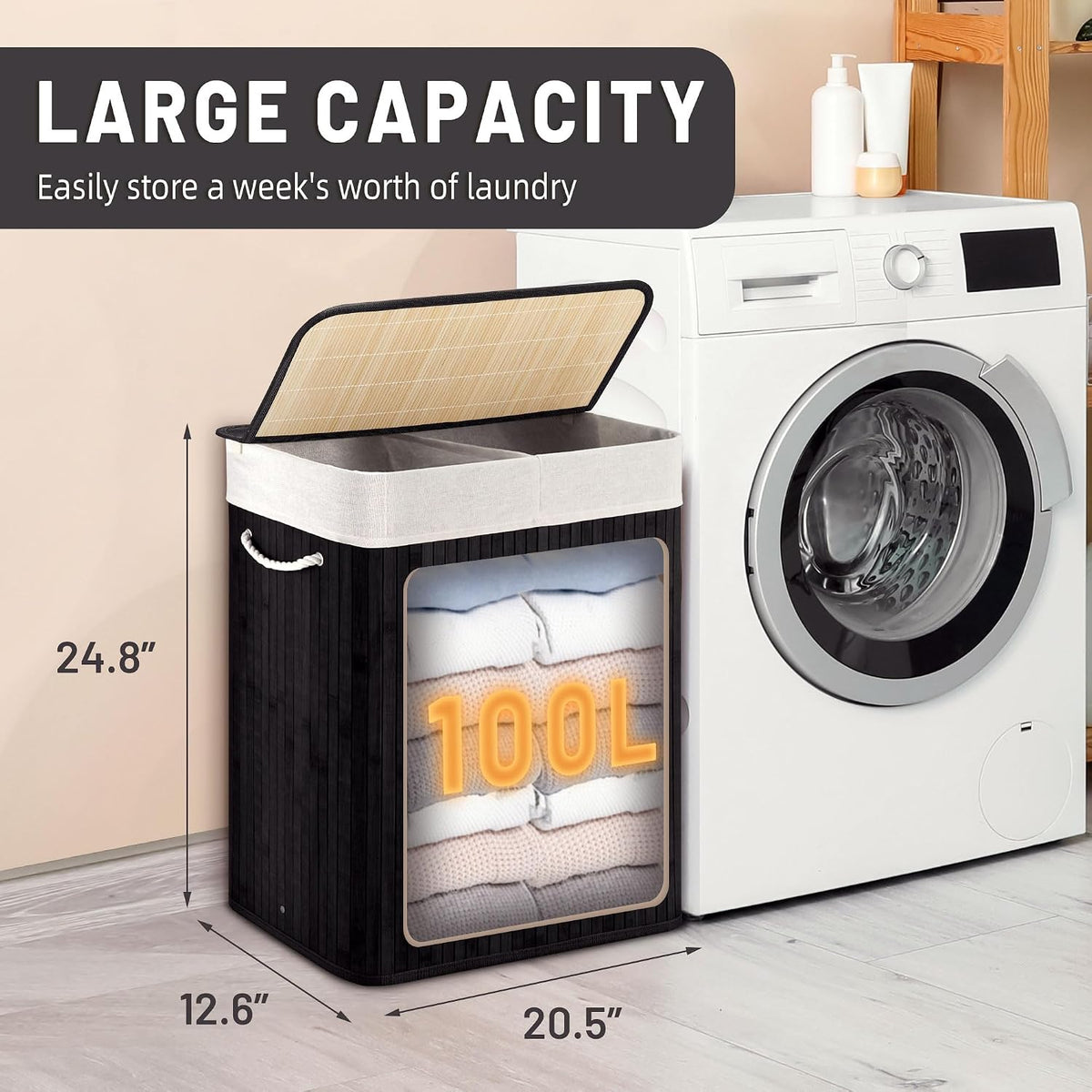 Aliphon 72L Slim Laundry Hamper with Lid, Foldable Bamboo Clothes Laundry Basket with Handles, Removable and Machine Washable Liner, for Bedroom, Bathroom, Dorm, Brown