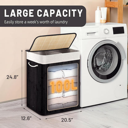Aliphon 72L Slim Laundry Hamper with Lid, Foldable Bamboo Clothes Laundry Basket with Handles, Removable and Machine Washable Liner, for Bedroom, Bathroom, Dorm, Brown