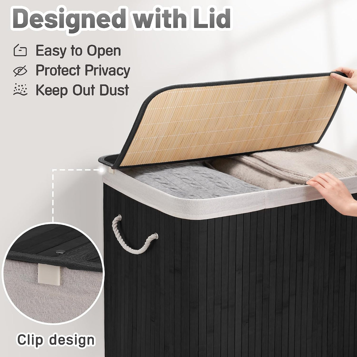 Aliphon 72L Slim Laundry Hamper with Lid, Foldable Bamboo Clothes Laundry Basket with Handles, Removable and Machine Washable Liner, for Bedroom, Bathroom, Dorm, Brown