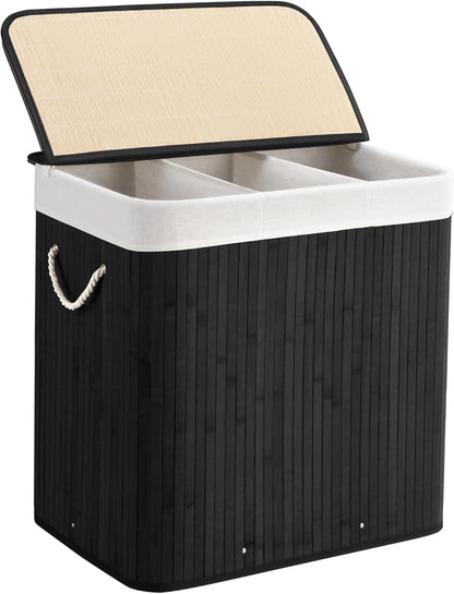 Aliphon 72L Slim Laundry Hamper with Lid, Foldable Bamboo Clothes Laundry Basket with Handles, Removable and Machine Washable Liner, for Bedroom, Bathroom, Dorm, Brown