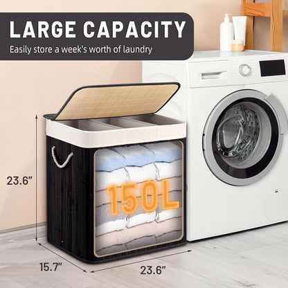 Aliphon 72L Slim Laundry Hamper with Lid, Foldable Bamboo Clothes Laundry Basket with Handles, Removable and Machine Washable Liner, for Bedroom, Bathroom, Dorm, Brown