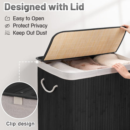 Aliphon 72L Slim Laundry Hamper with Lid, Foldable Bamboo Clothes Laundry Basket with Handles, Removable and Machine Washable Liner, for Bedroom, Bathroom, Dorm, Brown