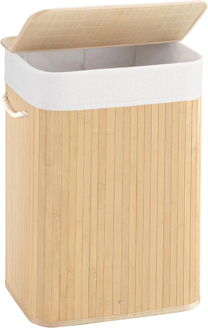 Aliphon 72L Slim Laundry Hamper with Lid, Foldable Bamboo Clothes Laundry Basket with Handles, Removable and Machine Washable Liner, for Bedroom, Bathroom, Dorm, Brown