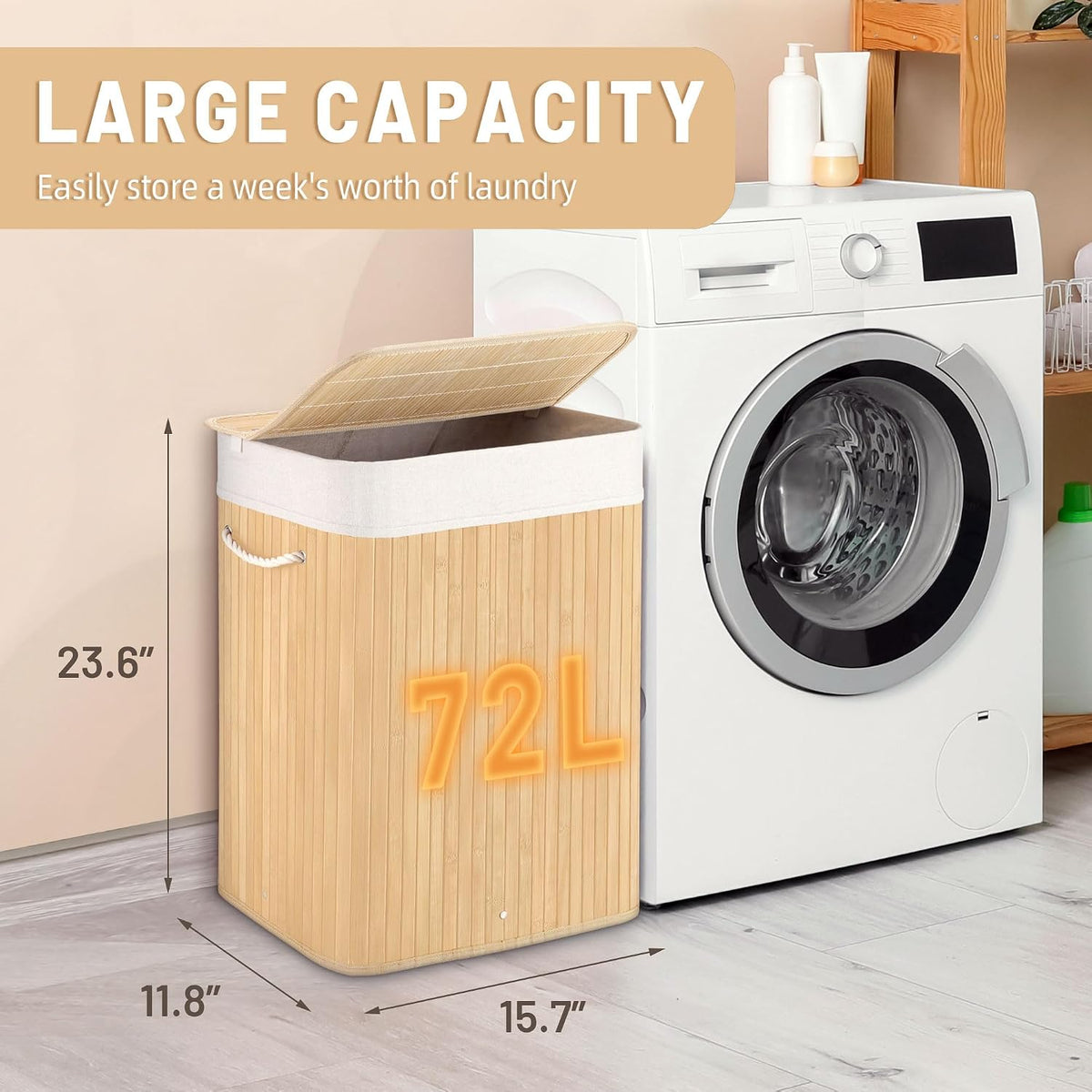 Aliphon 72L Slim Laundry Hamper with Lid, Foldable Bamboo Clothes Laundry Basket with Handles, Removable and Machine Washable Liner, for Bedroom, Bathroom, Dorm, Brown