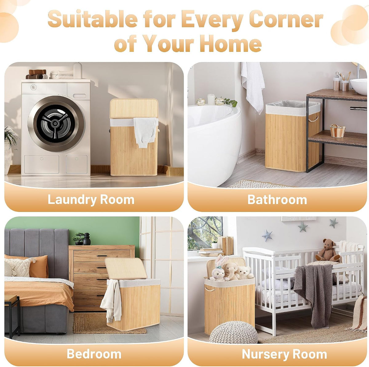 Aliphon 72L Slim Laundry Hamper with Lid, Foldable Bamboo Clothes Laundry Basket with Handles, Removable and Machine Washable Liner, for Bedroom, Bathroom, Dorm, Brown