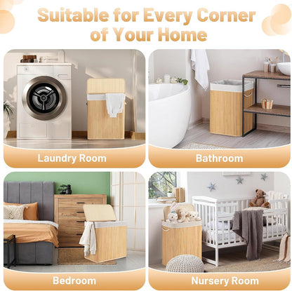 Aliphon 72L Slim Laundry Hamper with Lid, Foldable Bamboo Clothes Laundry Basket with Handles, Removable and Machine Washable Liner, for Bedroom, Bathroom, Dorm, Brown