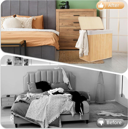 Aliphon 72L Slim Laundry Hamper with Lid, Foldable Bamboo Clothes Laundry Basket with Handles, Removable and Machine Washable Liner, for Bedroom, Bathroom, Dorm, Brown