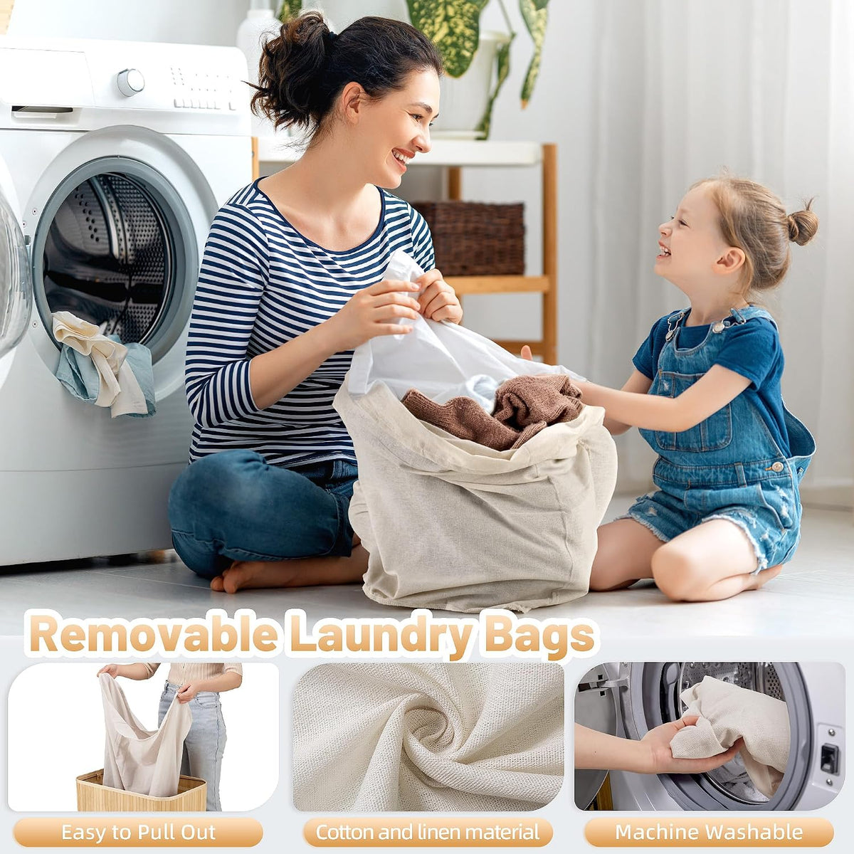 Aliphon 72L Slim Laundry Hamper with Lid, Foldable Bamboo Clothes Laundry Basket with Handles, Removable and Machine Washable Liner, for Bedroom, Bathroom, Dorm, Brown