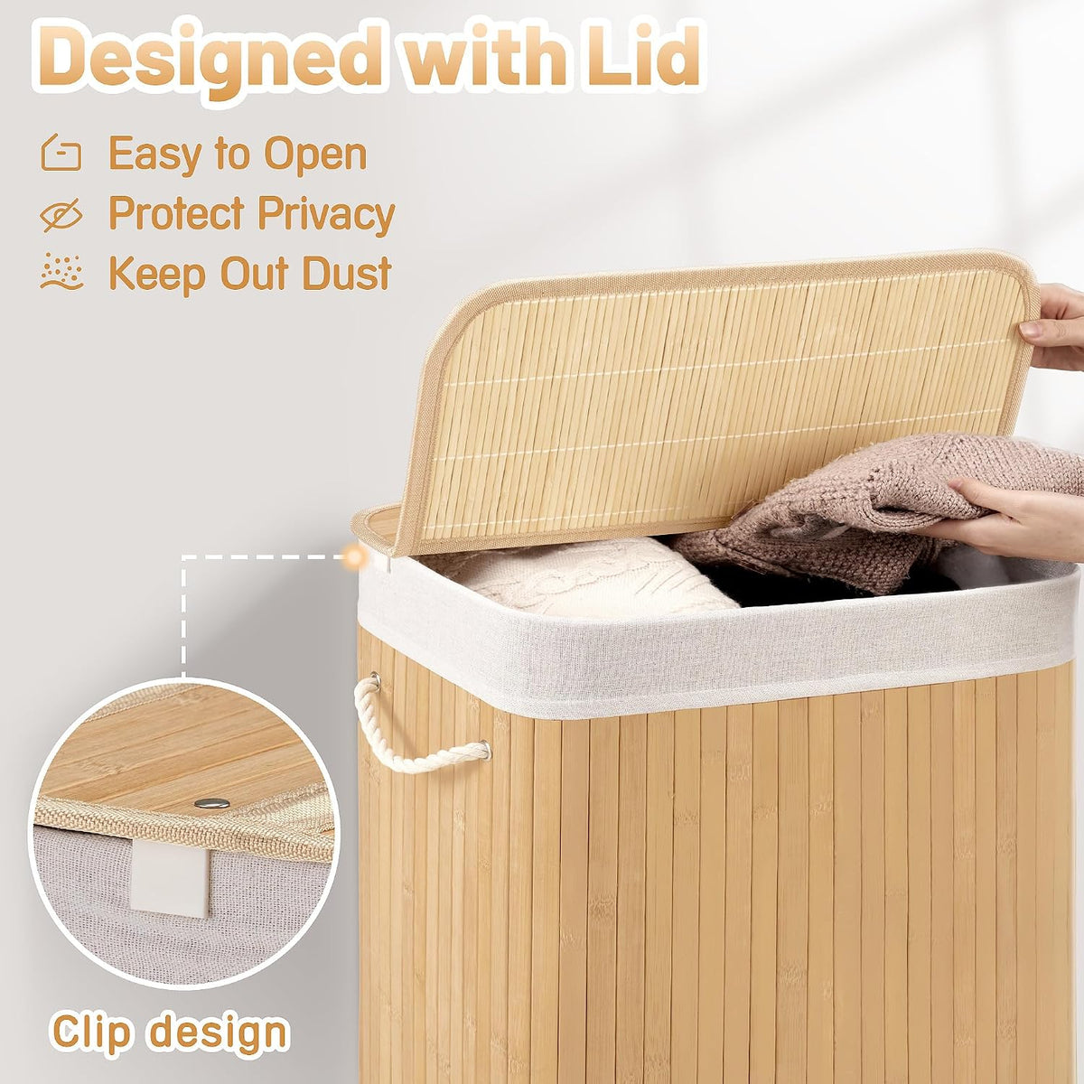 Aliphon 72L Slim Laundry Hamper with Lid, Foldable Bamboo Clothes Laundry Basket with Handles, Removable and Machine Washable Liner, for Bedroom, Bathroom, Dorm, Brown