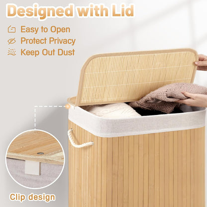 Aliphon 72L Slim Laundry Hamper with Lid, Foldable Bamboo Clothes Laundry Basket with Handles, Removable and Machine Washable Liner, for Bedroom, Bathroom, Dorm, Brown
