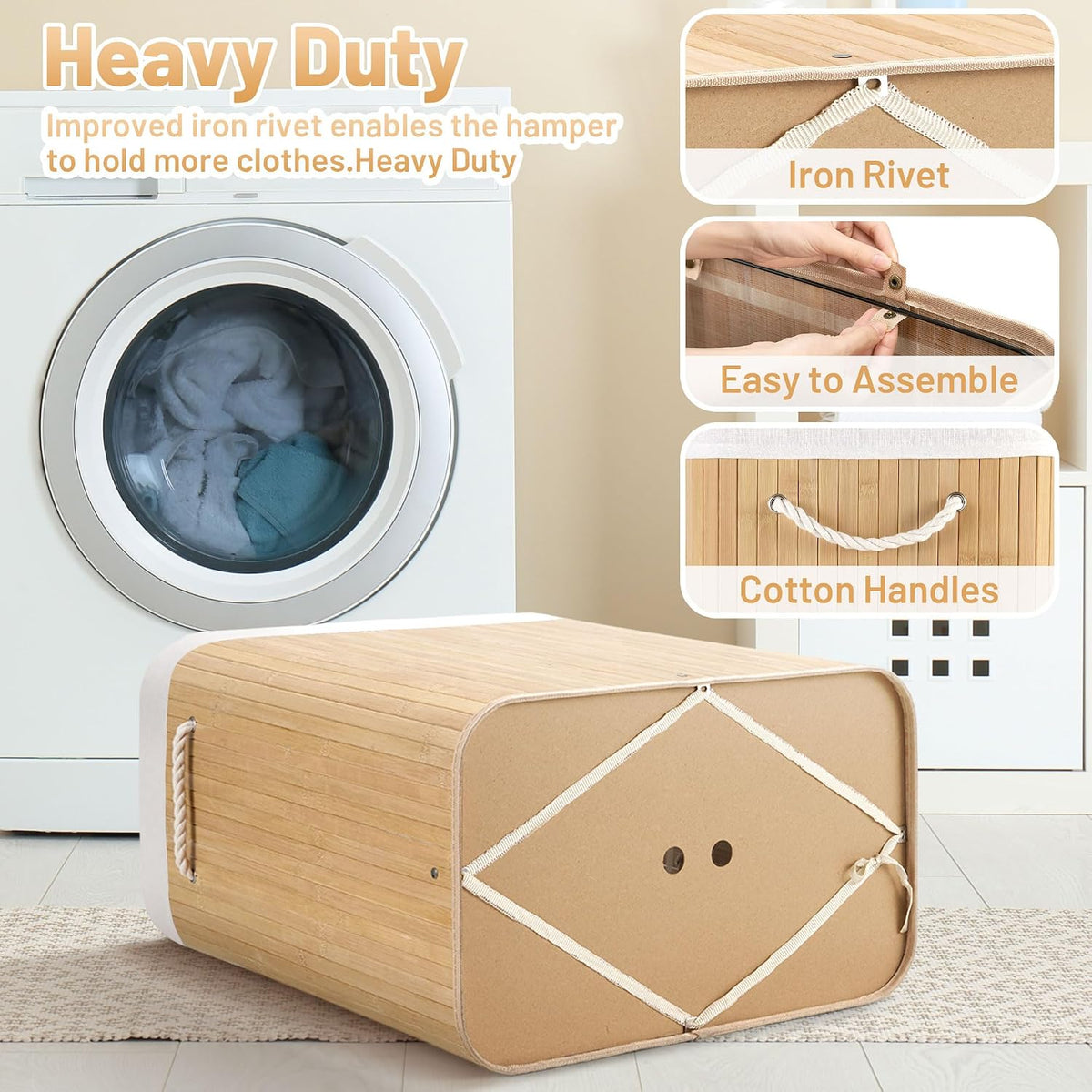 Aliphon 72L Slim Laundry Hamper with Lid, Foldable Bamboo Clothes Laundry Basket with Handles, Removable and Machine Washable Liner, for Bedroom, Bathroom, Dorm, Brown