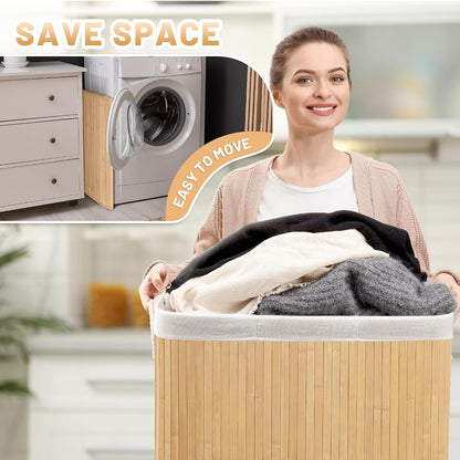 Aliphon 72L Slim Laundry Hamper with Lid, Foldable Bamboo Clothes Laundry Basket with Handles, Removable and Machine Washable Liner, for Bedroom, Bathroom, Dorm, Brown