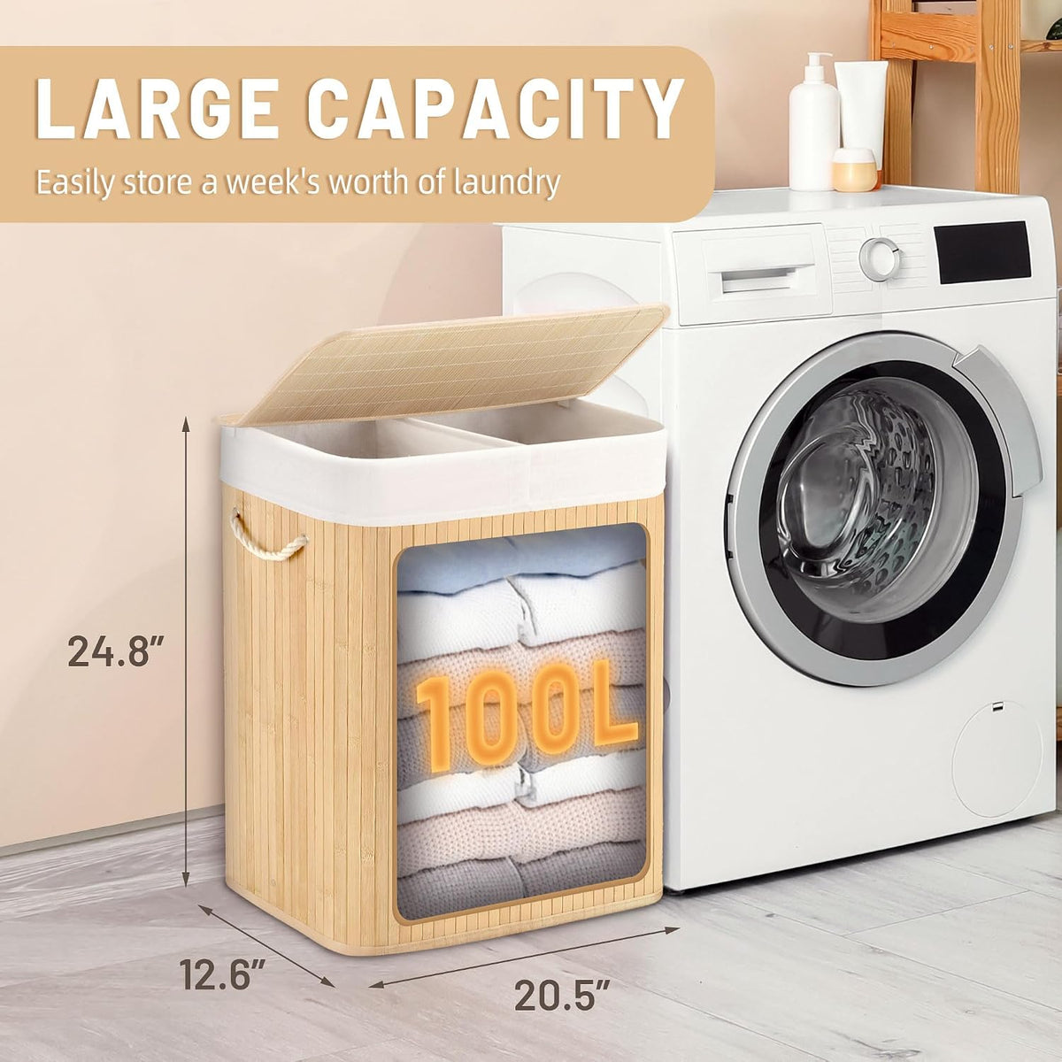 Aliphon 72L Slim Laundry Hamper with Lid, Foldable Bamboo Clothes Laundry Basket with Handles, Removable and Machine Washable Liner, for Bedroom, Bathroom, Dorm, Brown