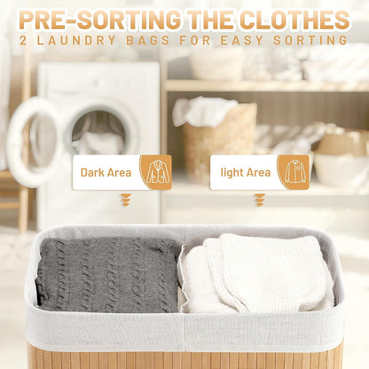 Aliphon 72L Slim Laundry Hamper with Lid, Foldable Bamboo Clothes Laundry Basket with Handles, Removable and Machine Washable Liner, for Bedroom, Bathroom, Dorm, Brown
