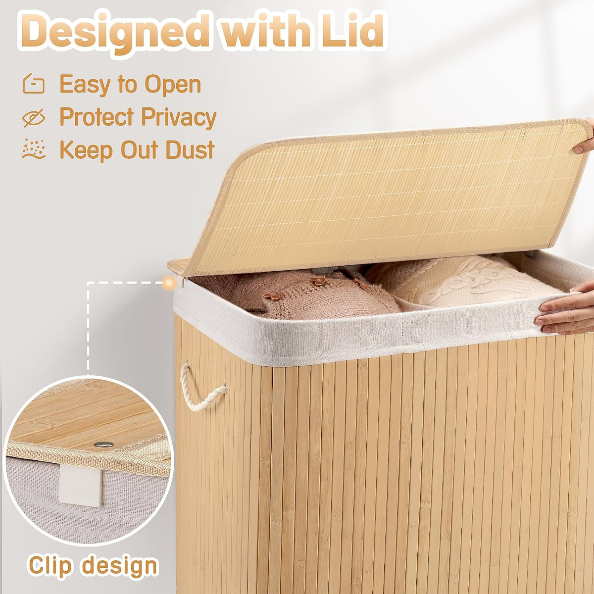 Aliphon 72L Slim Laundry Hamper with Lid, Foldable Bamboo Clothes Laundry Basket with Handles, Removable and Machine Washable Liner, for Bedroom, Bathroom, Dorm, Brown
