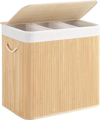 Aliphon 72L Slim Laundry Hamper with Lid, Foldable Bamboo Clothes Laundry Basket with Handles, Removable and Machine Washable Liner, for Bedroom, Bathroom, Dorm, Brown
