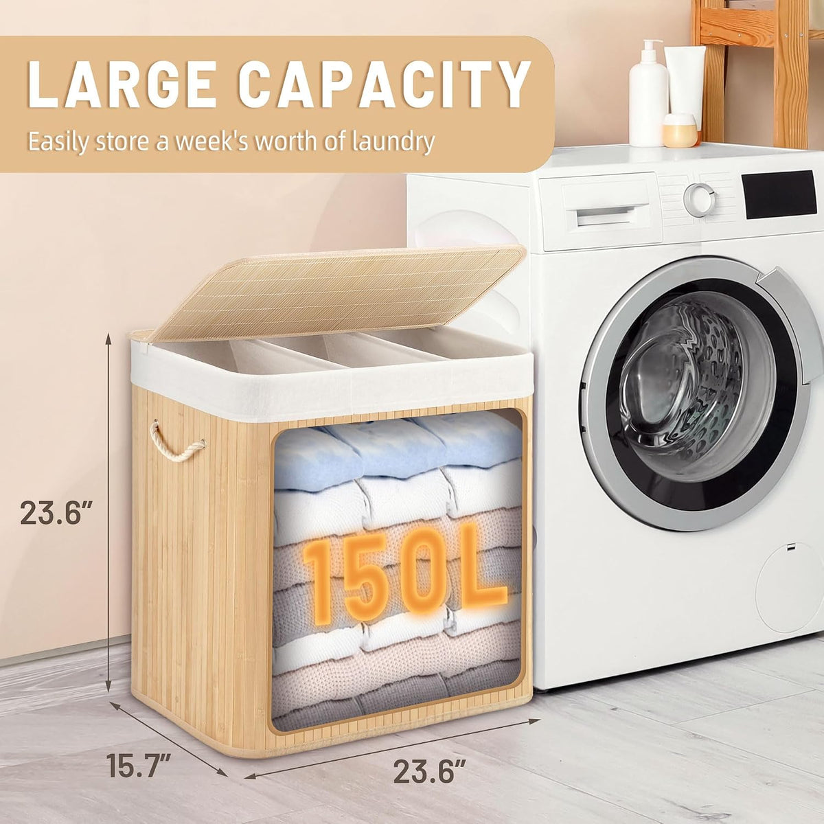 Aliphon 72L Slim Laundry Hamper with Lid, Foldable Bamboo Clothes Laundry Basket with Handles, Removable and Machine Washable Liner, for Bedroom, Bathroom, Dorm, Brown