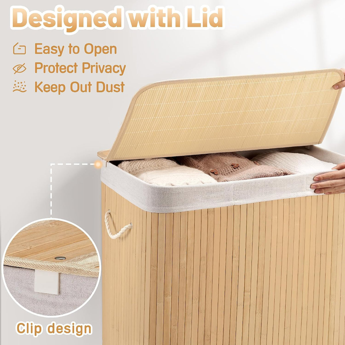 Aliphon 72L Slim Laundry Hamper with Lid, Foldable Bamboo Clothes Laundry Basket with Handles, Removable and Machine Washable Liner, for Bedroom, Bathroom, Dorm, Brown