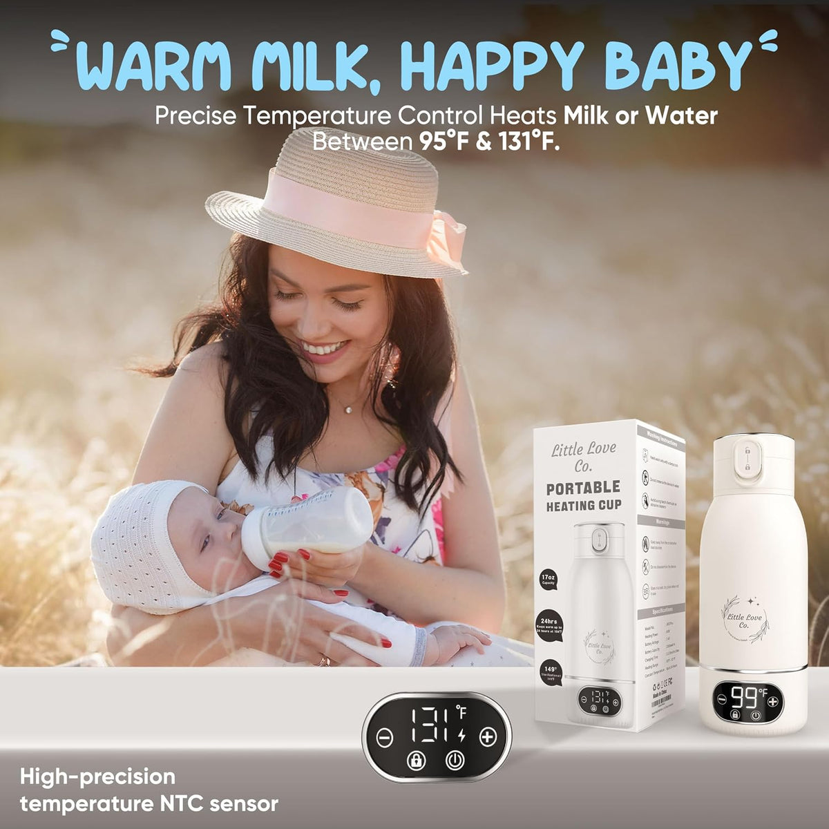 Portable Baby Bottle Warmer for Travel - 17 oz Big Capacity - Milk & Water Warmer, Ideal for Breastmilk and Baby Bottles - Accurate Temperature Control - Touch Screen Display - On-The-Go Convenience