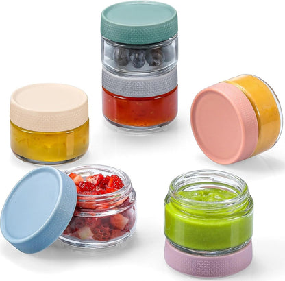 6 Pack 4 oz Glass Baby jars with Airtight Lids, Glass Baby Food Storage Containers,Overnight Oats Containers with Lids | Microwave, Dishwasher & Freezer Safe | Includes 10 Labels