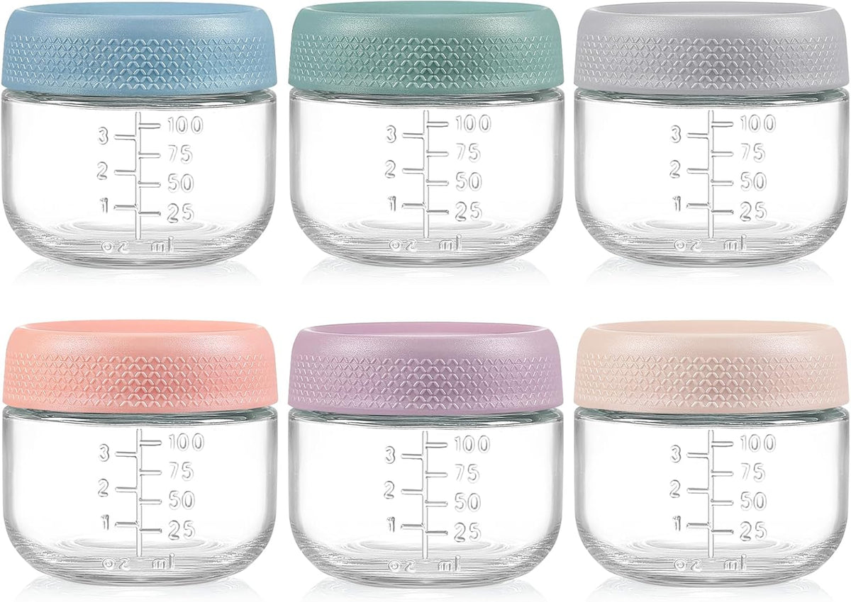 6 Pack 4 oz Glass Baby jars with Airtight Lids, Glass Baby Food Storage Containers,Overnight Oats Containers with Lids | Microwave, Dishwasher & Freezer Safe | Includes 10 Labels