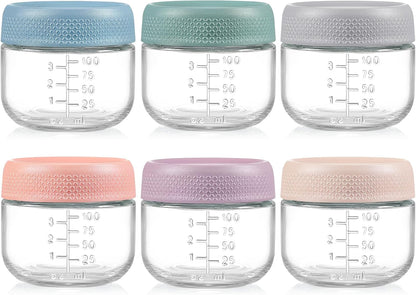 6 Pack 4 oz Glass Baby jars with Airtight Lids, Glass Baby Food Storage Containers,Overnight Oats Containers with Lids | Microwave, Dishwasher & Freezer Safe | Includes 10 Labels