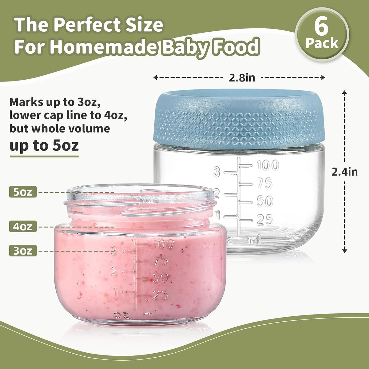 6 Pack 4 oz Glass Baby jars with Airtight Lids, Glass Baby Food Storage Containers,Overnight Oats Containers with Lids | Microwave, Dishwasher & Freezer Safe | Includes 10 Labels