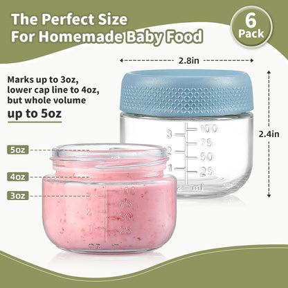 6 Pack 4 oz Glass Baby jars with Airtight Lids, Glass Baby Food Storage Containers,Overnight Oats Containers with Lids | Microwave, Dishwasher & Freezer Safe | Includes 10 Labels