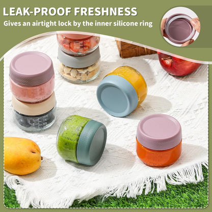 6 Pack 4 oz Glass Baby jars with Airtight Lids, Glass Baby Food Storage Containers,Overnight Oats Containers with Lids | Microwave, Dishwasher & Freezer Safe | Includes 10 Labels