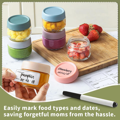 6 Pack 4 oz Glass Baby jars with Airtight Lids, Glass Baby Food Storage Containers,Overnight Oats Containers with Lids | Microwave, Dishwasher & Freezer Safe | Includes 10 Labels