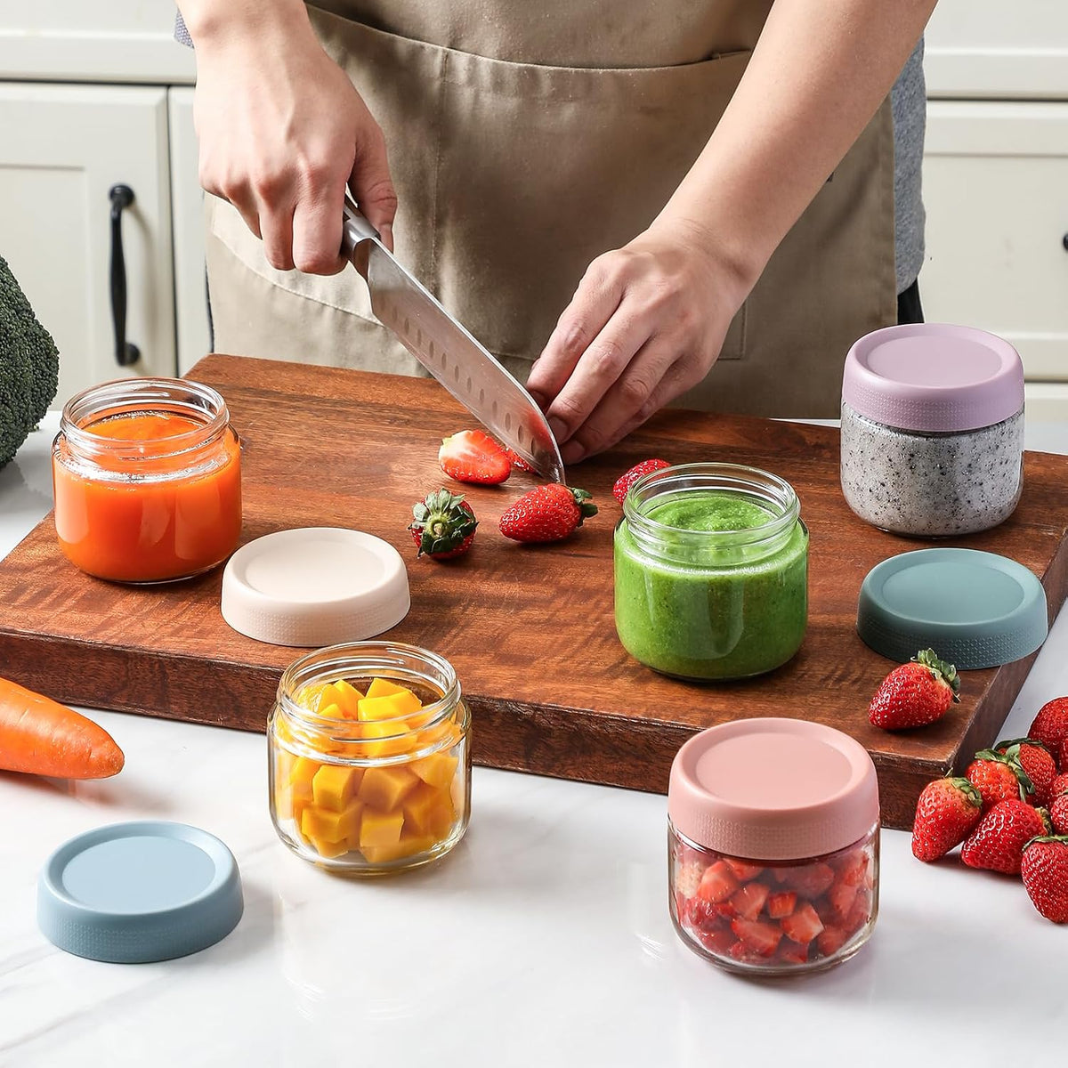 6 Pack 4 oz Glass Baby jars with Airtight Lids, Glass Baby Food Storage Containers,Overnight Oats Containers with Lids | Microwave, Dishwasher & Freezer Safe | Includes 10 Labels