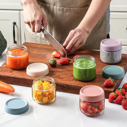 6 Pack 4 oz Glass Baby jars with Airtight Lids, Glass Baby Food Storage Containers,Overnight Oats Containers with Lids | Microwave, Dishwasher & Freezer Safe | Includes 10 Labels