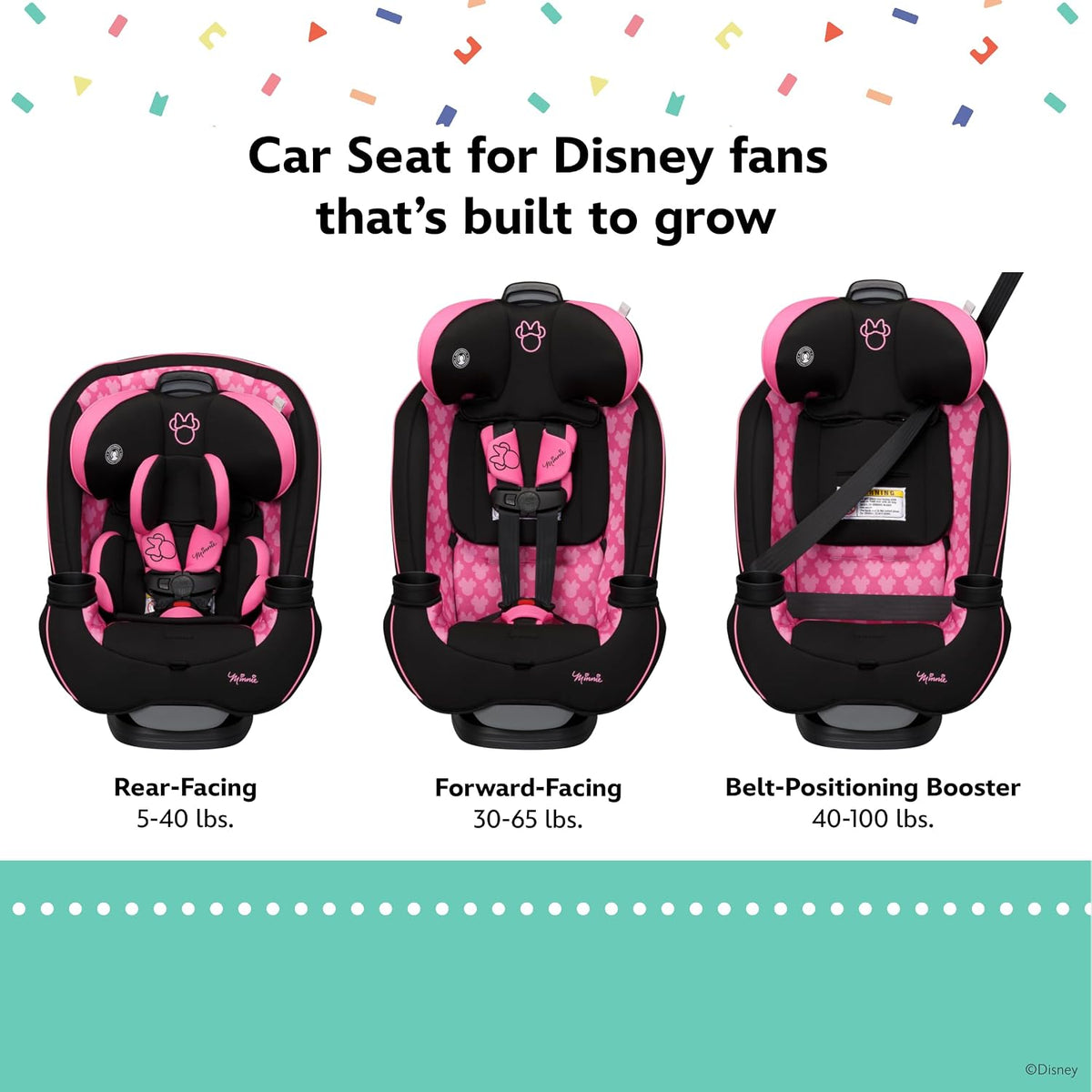 Grow and Go Convertible Car Seat, Rear Facing 5-40 pounds, Forward Facing 30-65 pounds, Booster 40-100 lbs, Convert from Infant to Toddler, Mickey Sprinkle