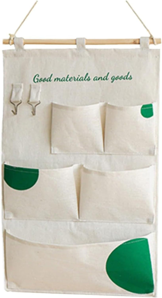 Canvas 5 & 12 Pocket Wall Hanging Storage Caddy, Multi-Pocket Fabric Organizer, Over The Door Hanging Bag for Keys Magazines(with 12 pocket,Green)