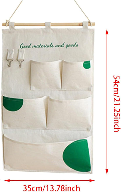 Canvas 5 & 12 Pocket Wall Hanging Storage Caddy, Multi-Pocket Fabric Organizer, Over The Door Hanging Bag for Keys Magazines(with 12 pocket,Green)
