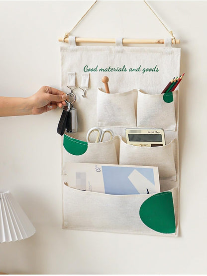 Canvas 5 & 12 Pocket Wall Hanging Storage Caddy, Multi-Pocket Fabric Organizer, Over The Door Hanging Bag for Keys Magazines(with 12 pocket,Green)