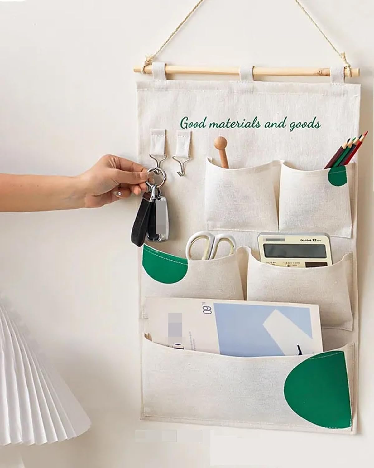 Canvas 5 & 12 Pocket Wall Hanging Storage Caddy, Multi-Pocket Fabric Organizer, Over The Door Hanging Bag for Keys Magazines(with 12 pocket,Green)