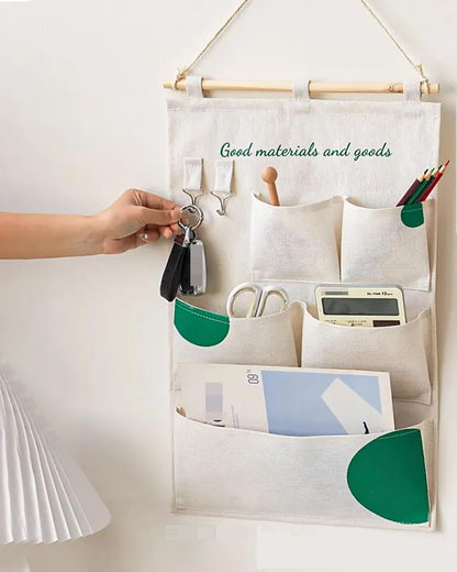 Canvas 5 & 12 Pocket Wall Hanging Storage Caddy, Multi-Pocket Fabric Organizer, Over The Door Hanging Bag for Keys Magazines(with 12 pocket,Green)