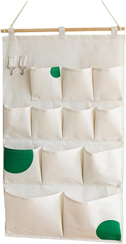 Canvas 5 & 12 Pocket Wall Hanging Storage Caddy, Multi-Pocket Fabric Organizer, Over The Door Hanging Bag for Keys Magazines(with 12 pocket,Green)