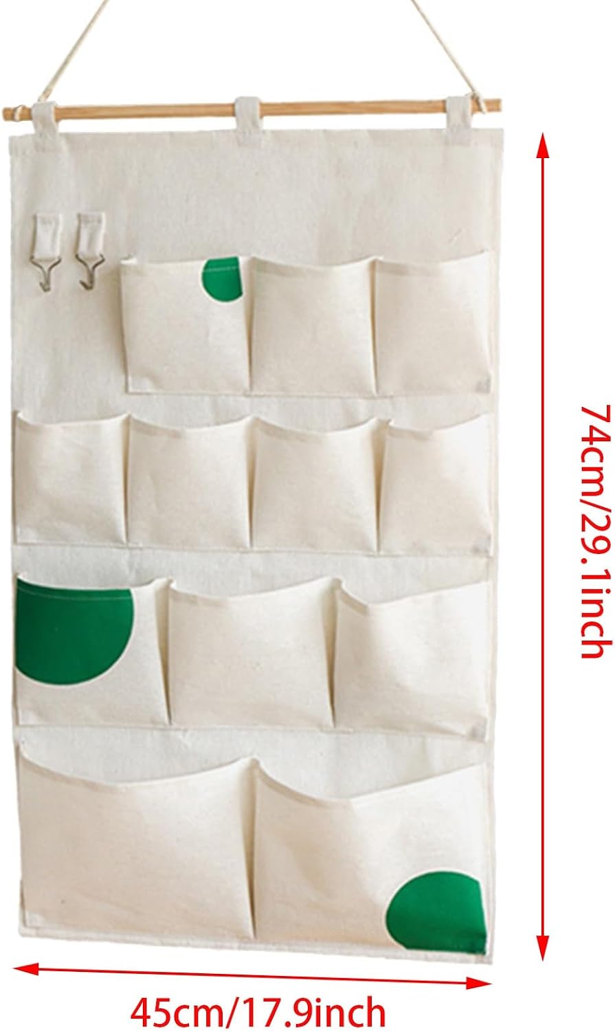 Canvas 5 & 12 Pocket Wall Hanging Storage Caddy, Multi-Pocket Fabric Organizer, Over The Door Hanging Bag for Keys Magazines(with 12 pocket,Green)