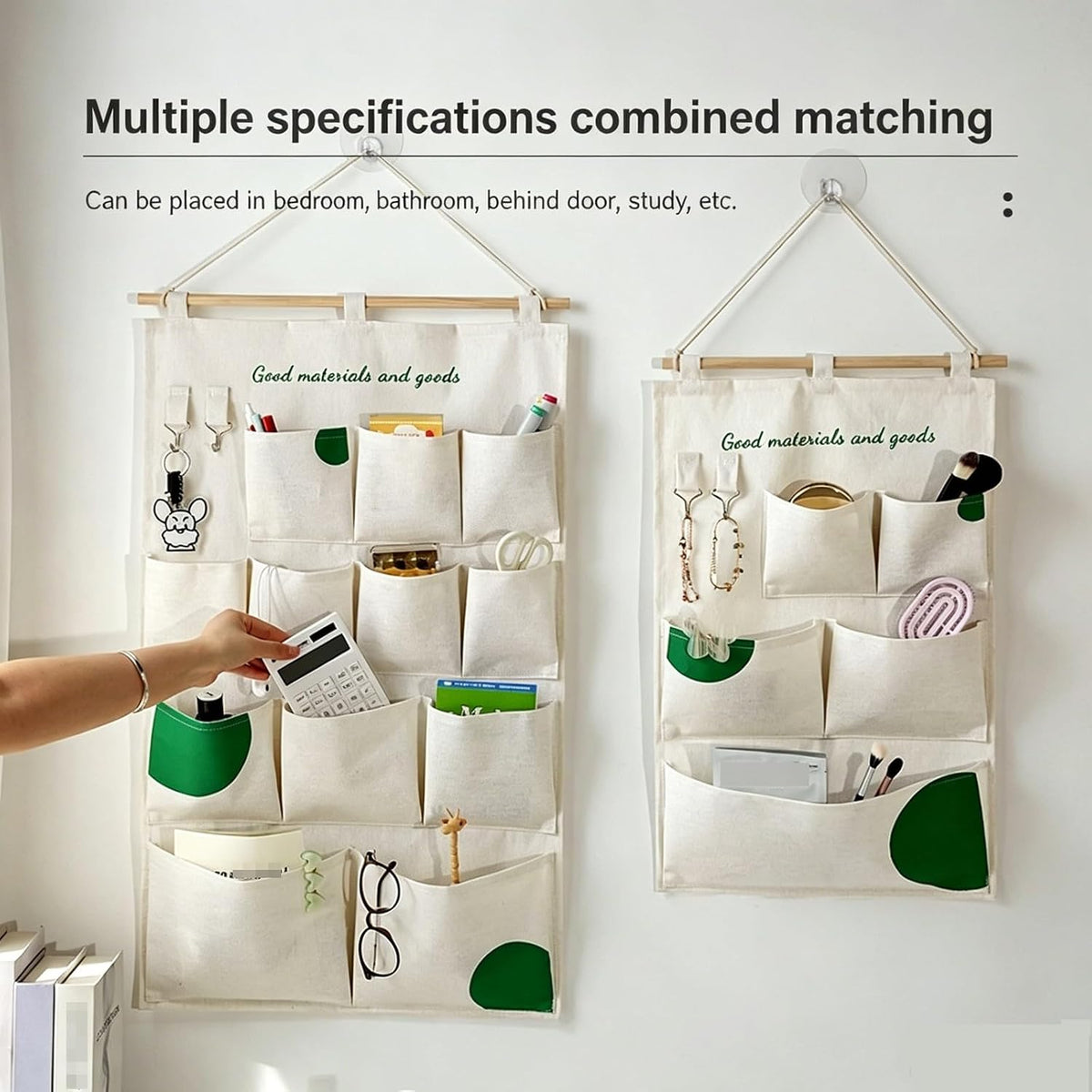 Canvas 5 & 12 Pocket Wall Hanging Storage Caddy, Multi-Pocket Fabric Organizer, Over The Door Hanging Bag for Keys Magazines(with 12 pocket,Green)