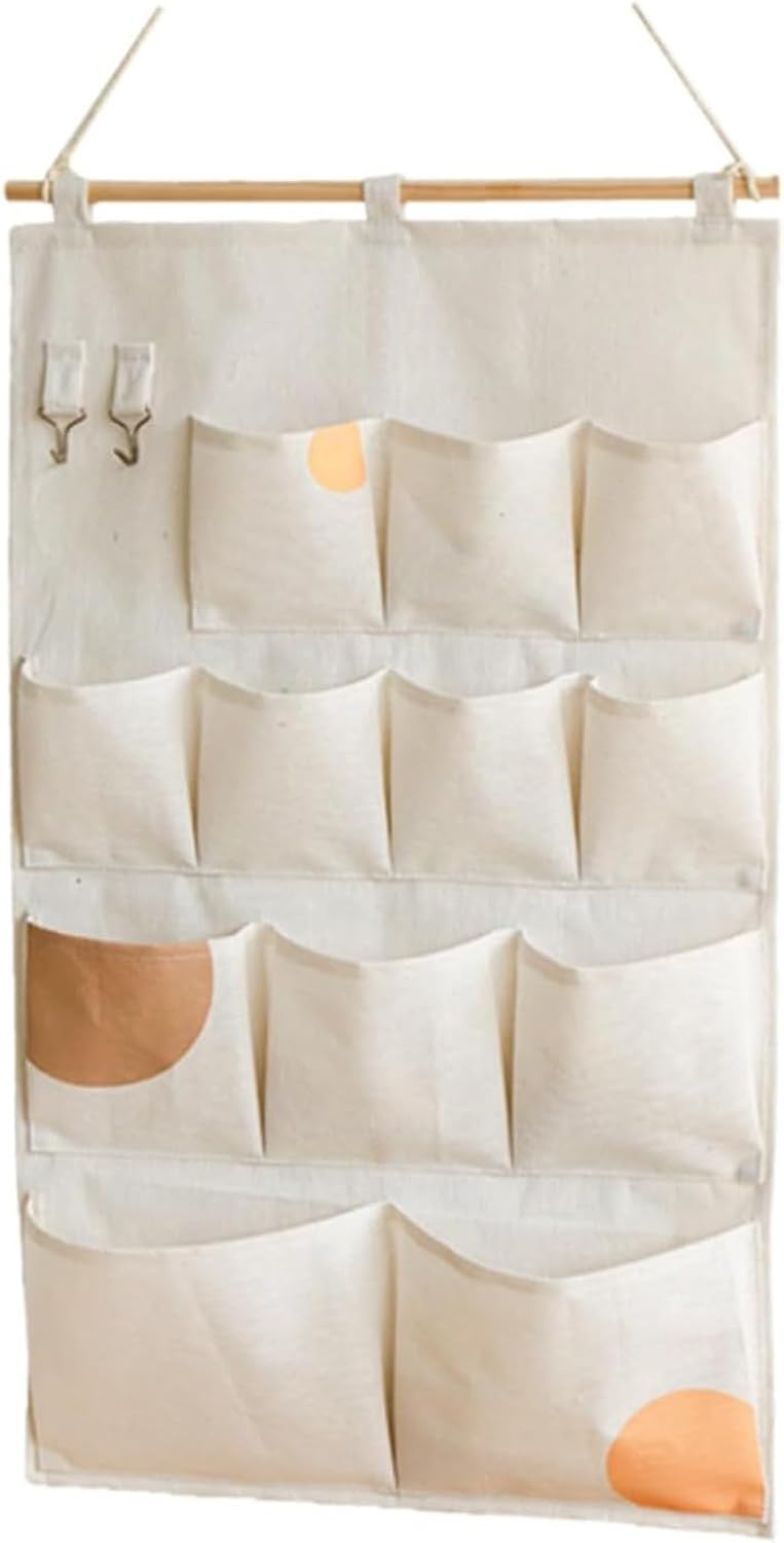 Canvas 5 & 12 Pocket Wall Hanging Storage Caddy, Multi-Pocket Fabric Organizer, Over The Door Hanging Bag for Keys Magazines(with 12 pocket,Green)