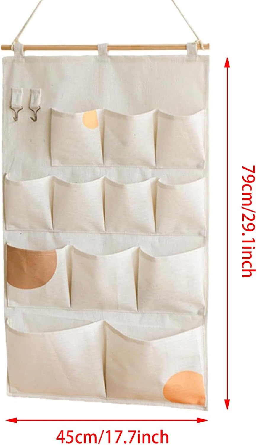 Canvas 5 & 12 Pocket Wall Hanging Storage Caddy, Multi-Pocket Fabric Organizer, Over The Door Hanging Bag for Keys Magazines(with 12 pocket,Green)