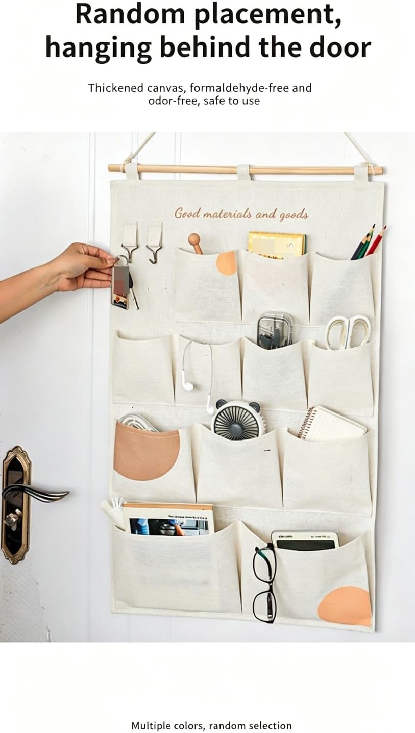Canvas 5 & 12 Pocket Wall Hanging Storage Caddy, Multi-Pocket Fabric Organizer, Over The Door Hanging Bag for Keys Magazines(with 12 pocket,Green)