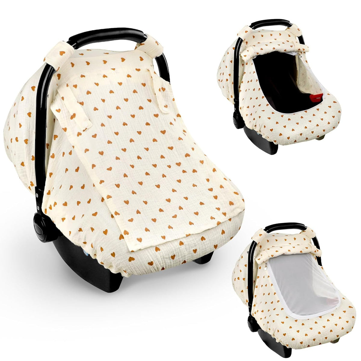 Muslin Car Seat Cover Baby, Summer Car Seat Covers for Babies, Infants, and Newborns, Ultra Soft Breathable Universal Fit Stroller Carseat Canopy Covers for Boys Girls (Heart)