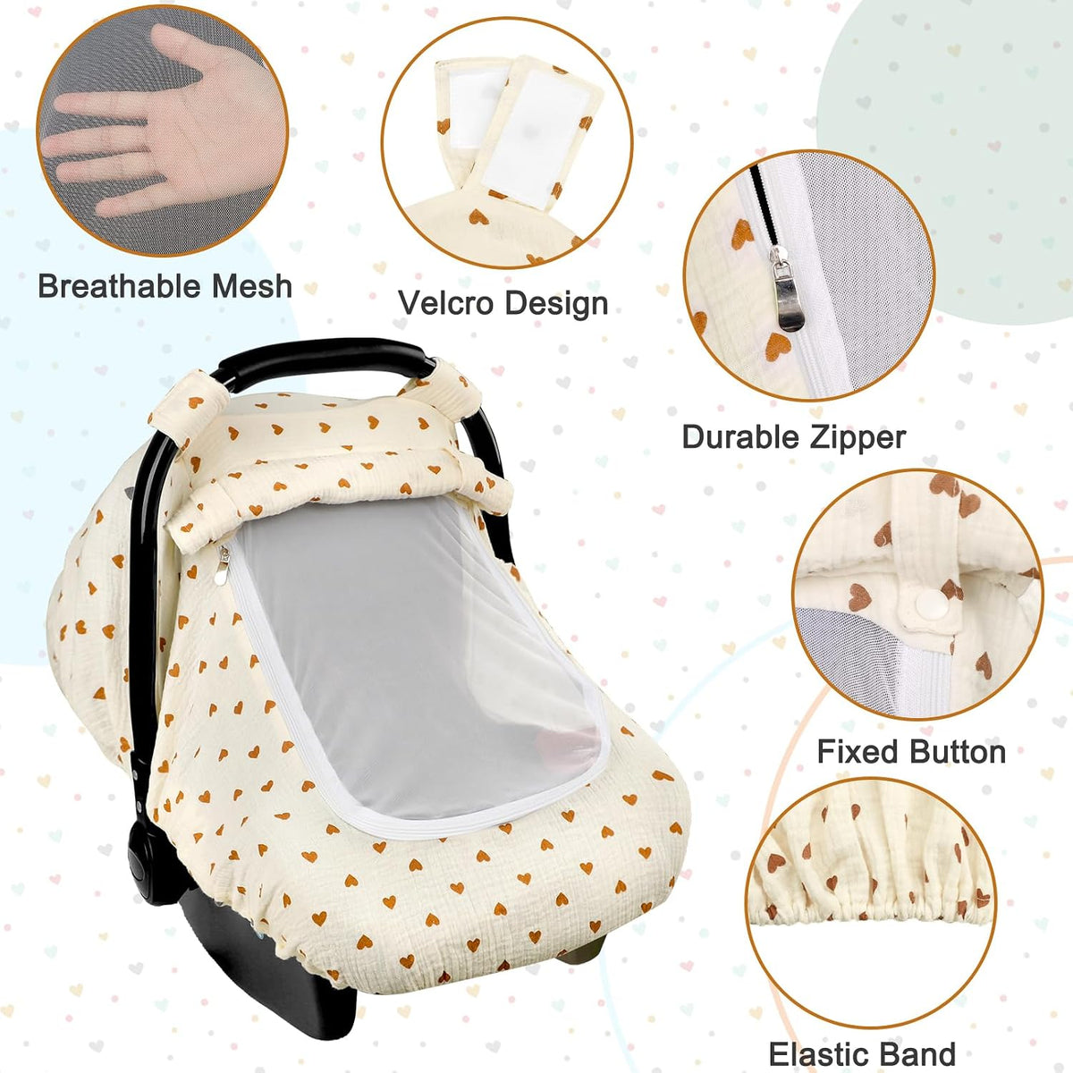 Muslin Car Seat Cover Baby, Summer Car Seat Covers for Babies, Infants, and Newborns, Ultra Soft Breathable Universal Fit Stroller Carseat Canopy Covers for Boys Girls (Heart)