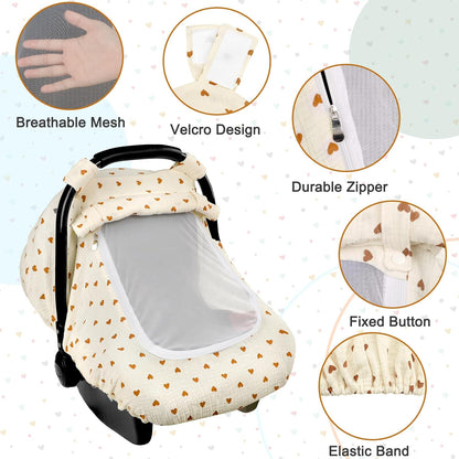 Muslin Car Seat Cover Baby, Summer Car Seat Covers for Babies, Infants, and Newborns, Ultra Soft Breathable Universal Fit Stroller Carseat Canopy Covers for Boys Girls (Heart)